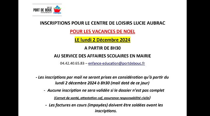 Date des inscriptions pour les vacances de Noël au centre de loisirs Lucie Aubrac.