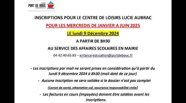 Inscription au centre de loisirs Lucie Aubrac pour les mercredis de janvier à juin 2025